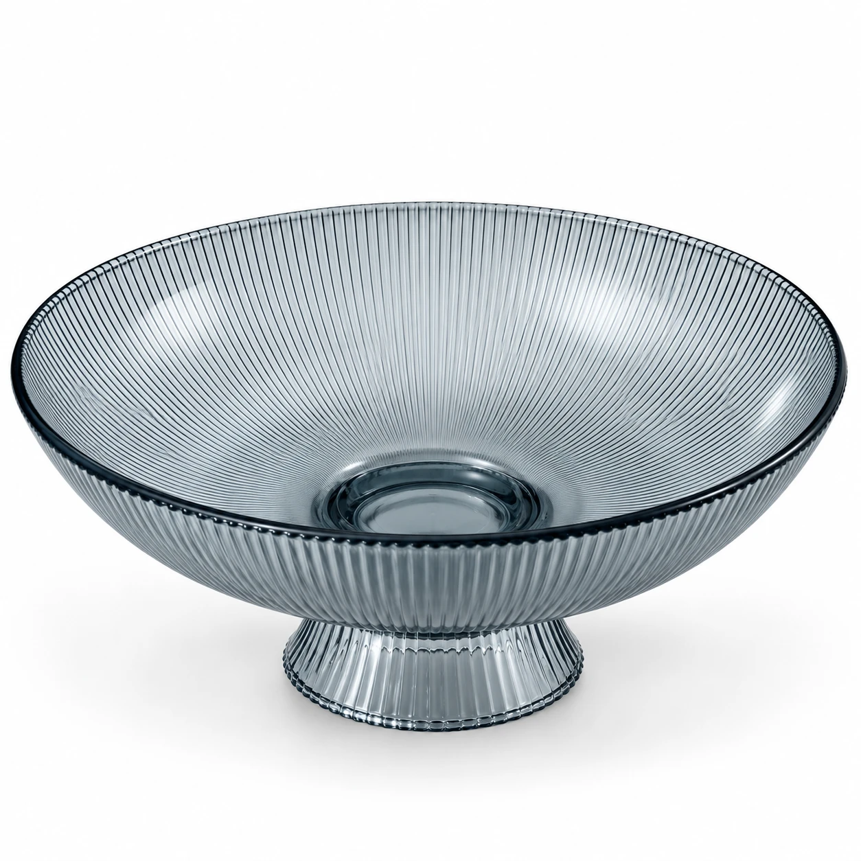 Smoky Blue Fluted Glass Fruit Bowl on Pedestal